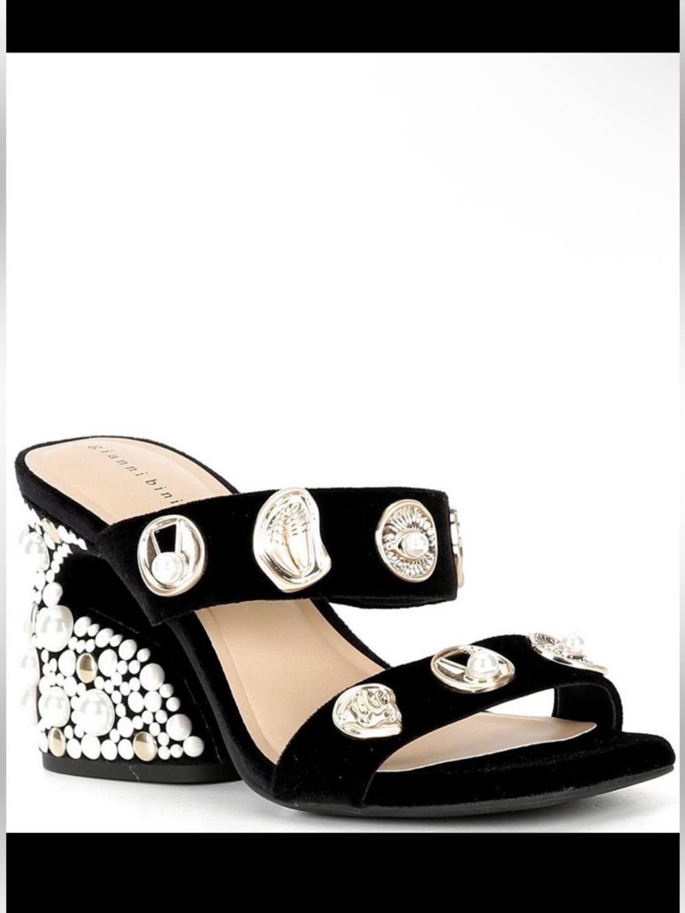 Gianni Bini Black Velvet Embellished Slide Heel Wedge Sandals Shoes $149